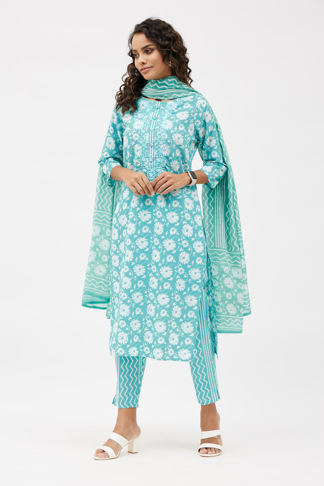 Elegant Cotton Salwar Suit for Work - Sky Blue (Set of 3)