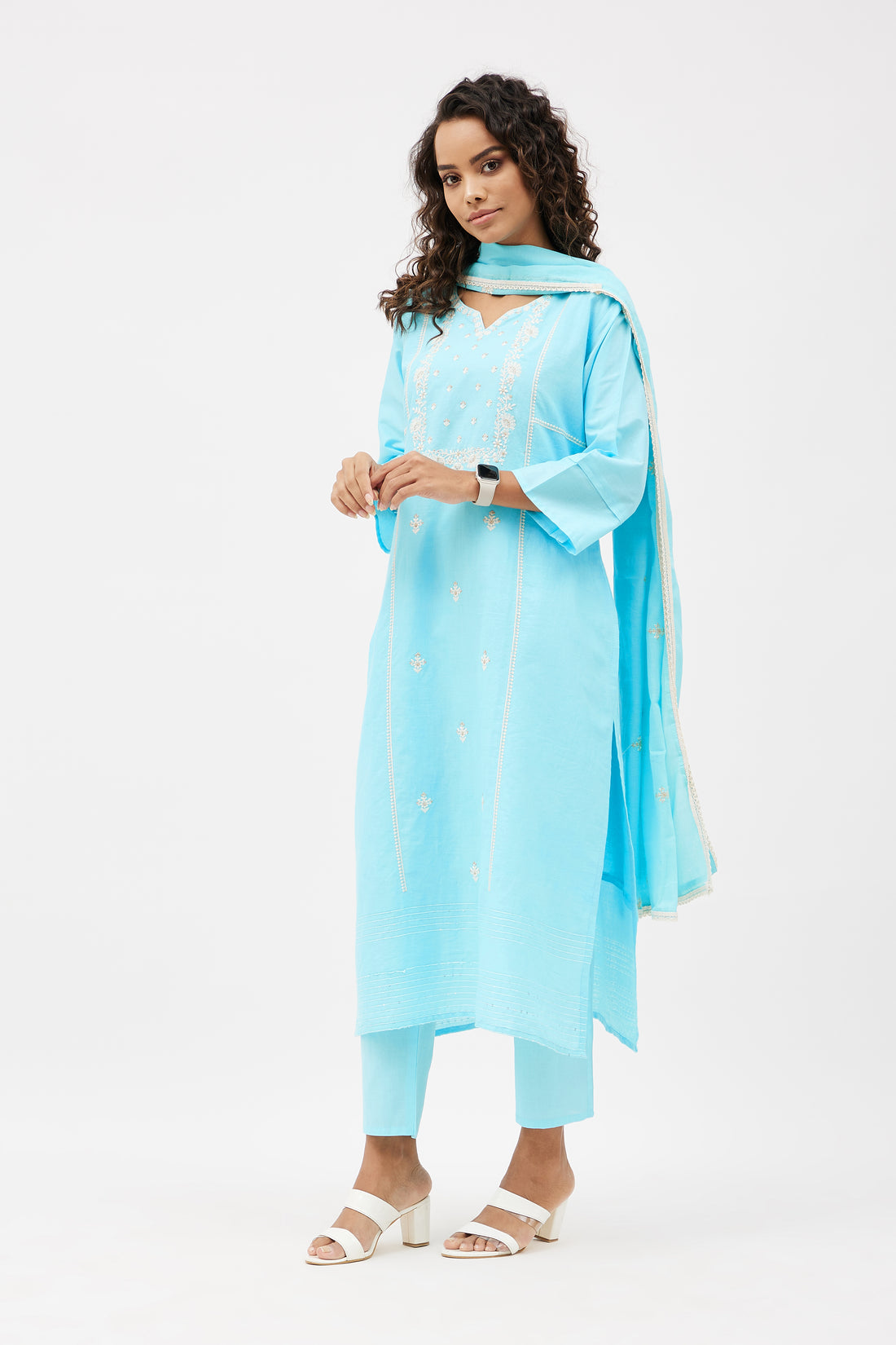 Elegant Cotton Hand Embroidered Salwar Suit for Work - Ocean Blue (Set of 3)