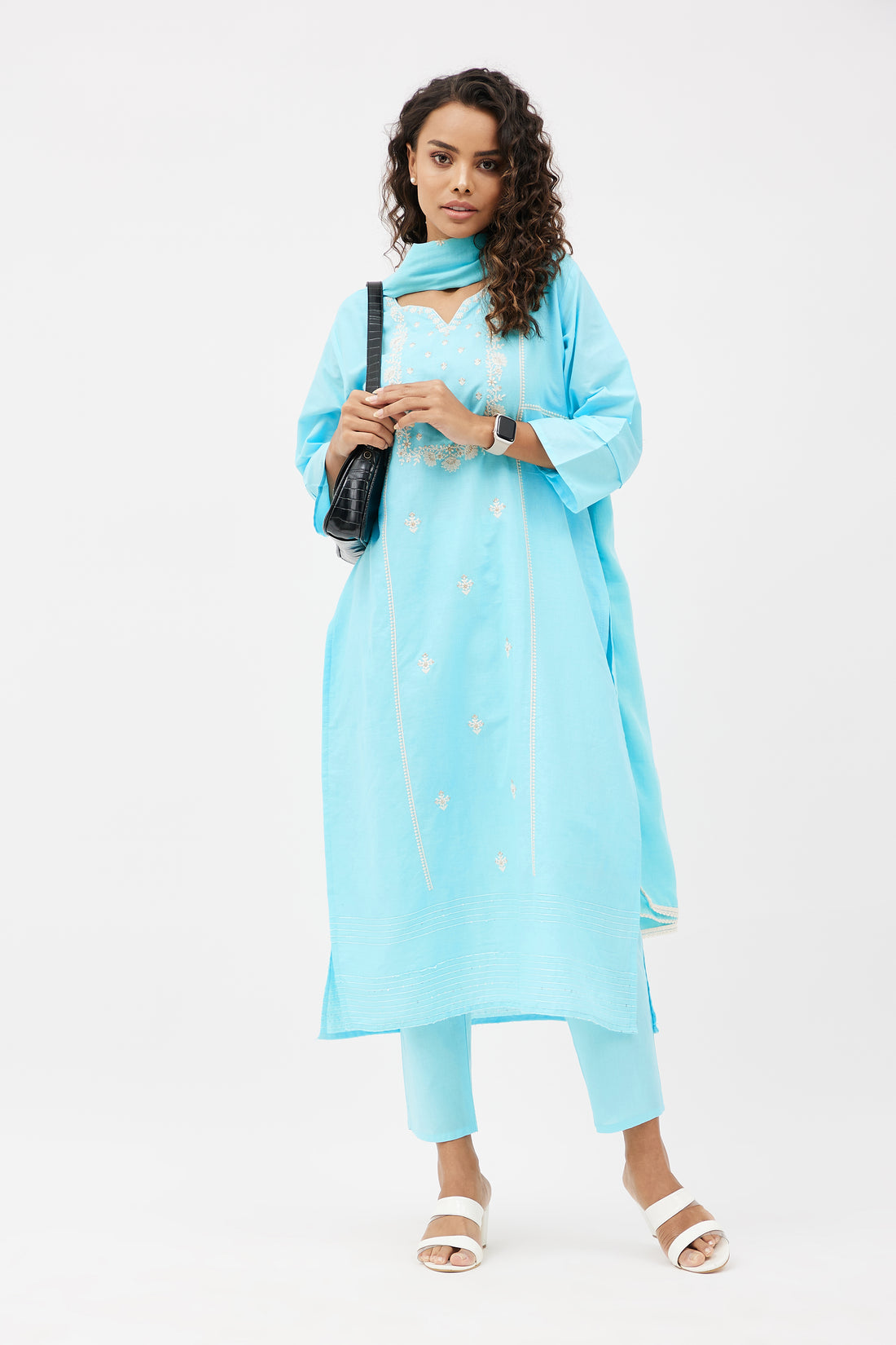 Elegant Cotton Hand Embroidered Salwar Suit for Work - Ocean Blue (Set of 3)