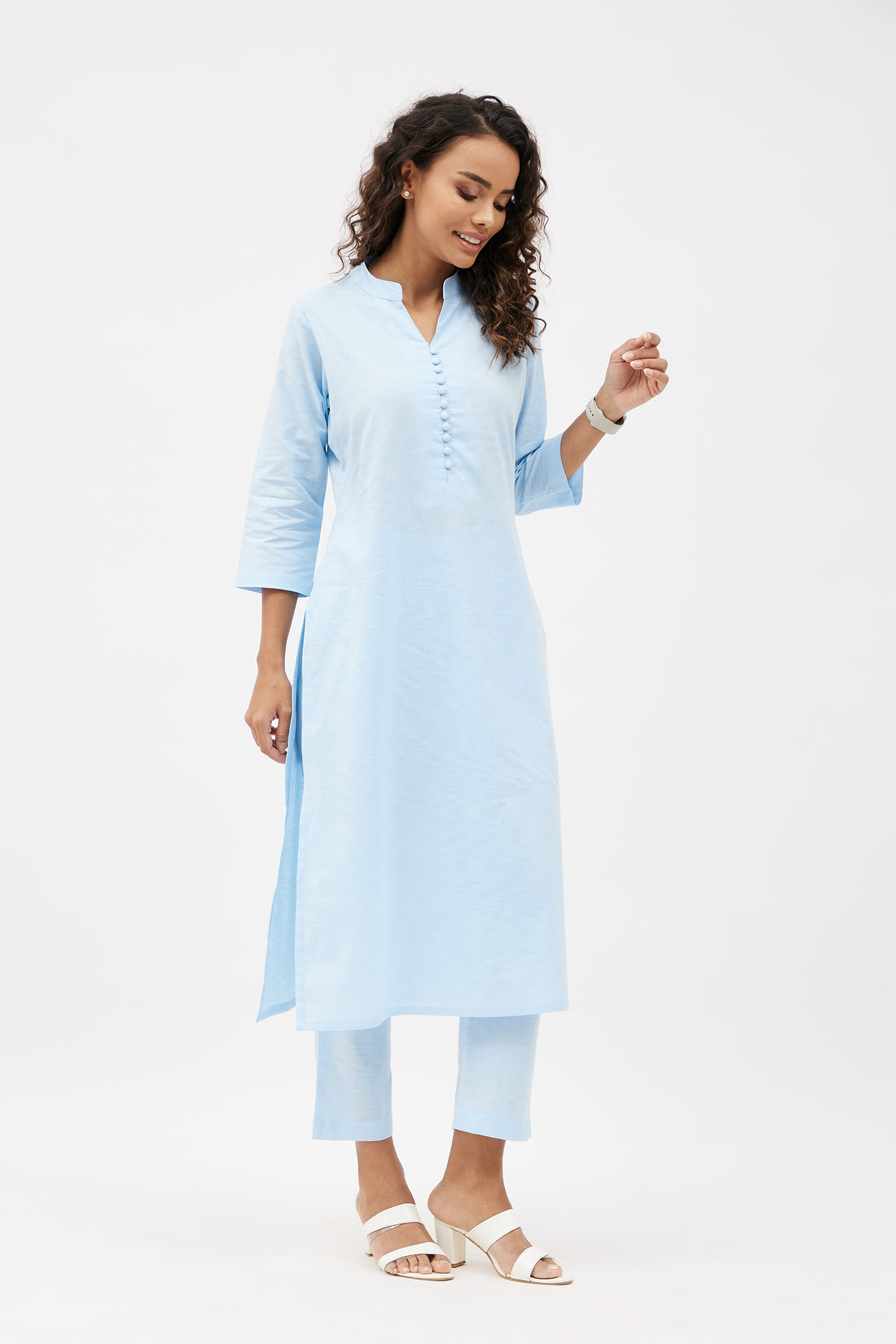 Straight Fit Elegant Pure Linen Kurta Set - Powder Blue (Set of 2)