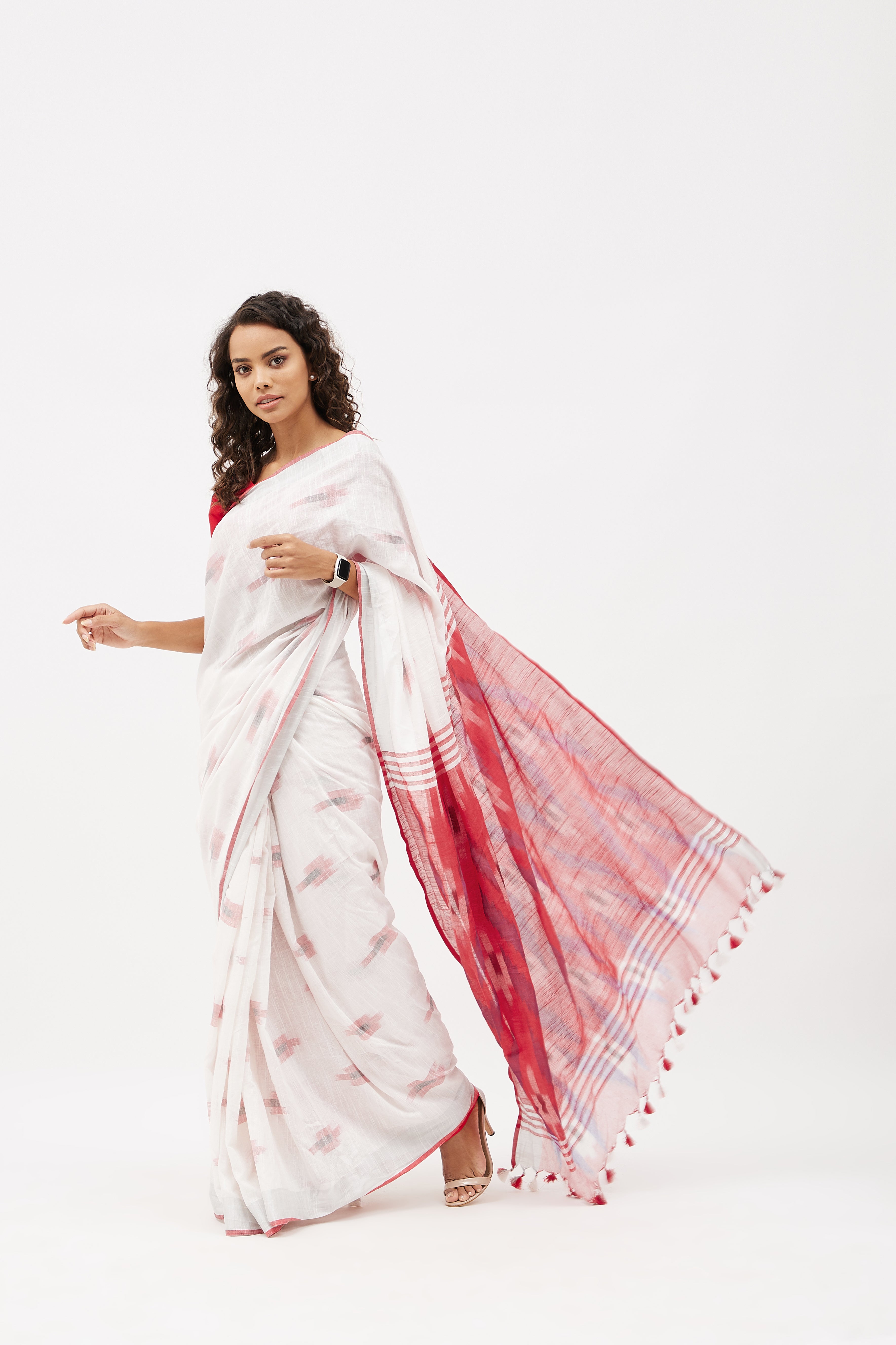 Chalk White and Red Linen by Linen Saree with thread Buttas