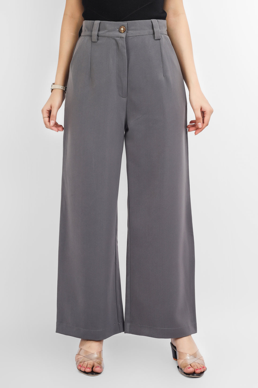 Wide Leg Stretchable Trousers - Grey