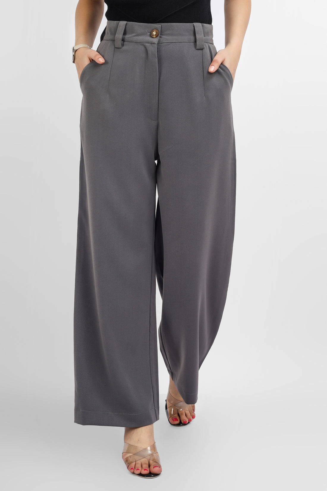 Wide Leg Stretchable Trousers - Grey