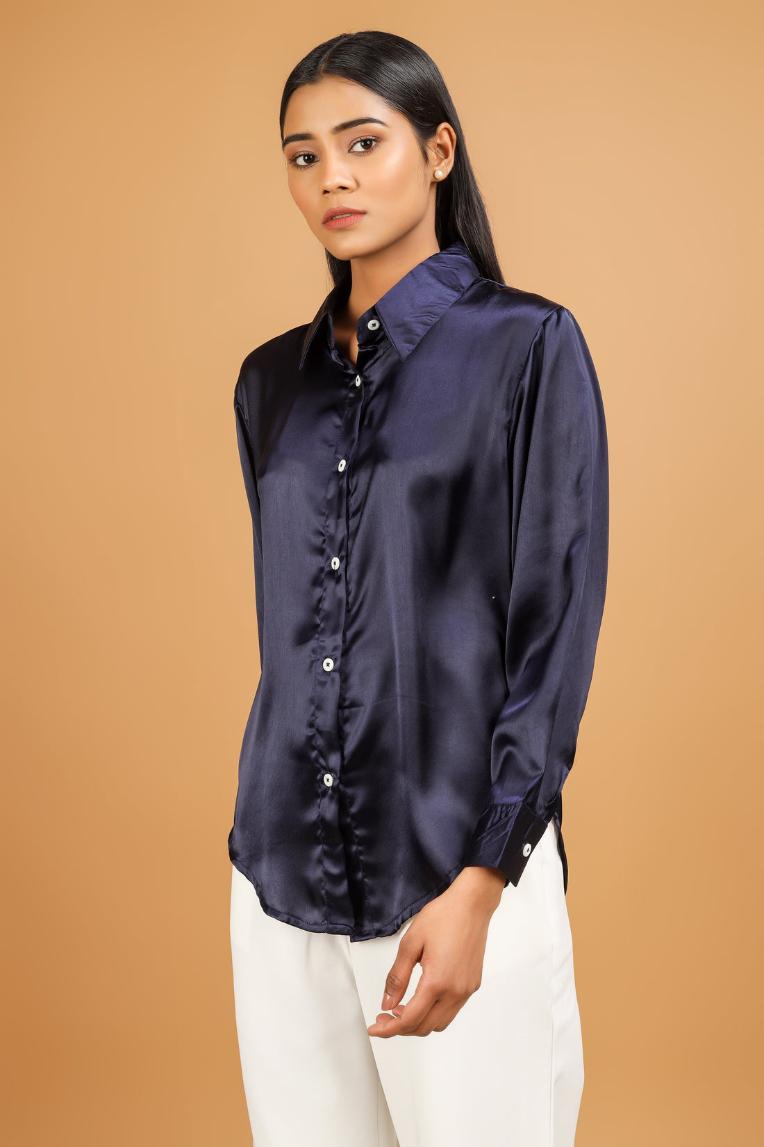 Classic Satin Shirt - Navy Blue