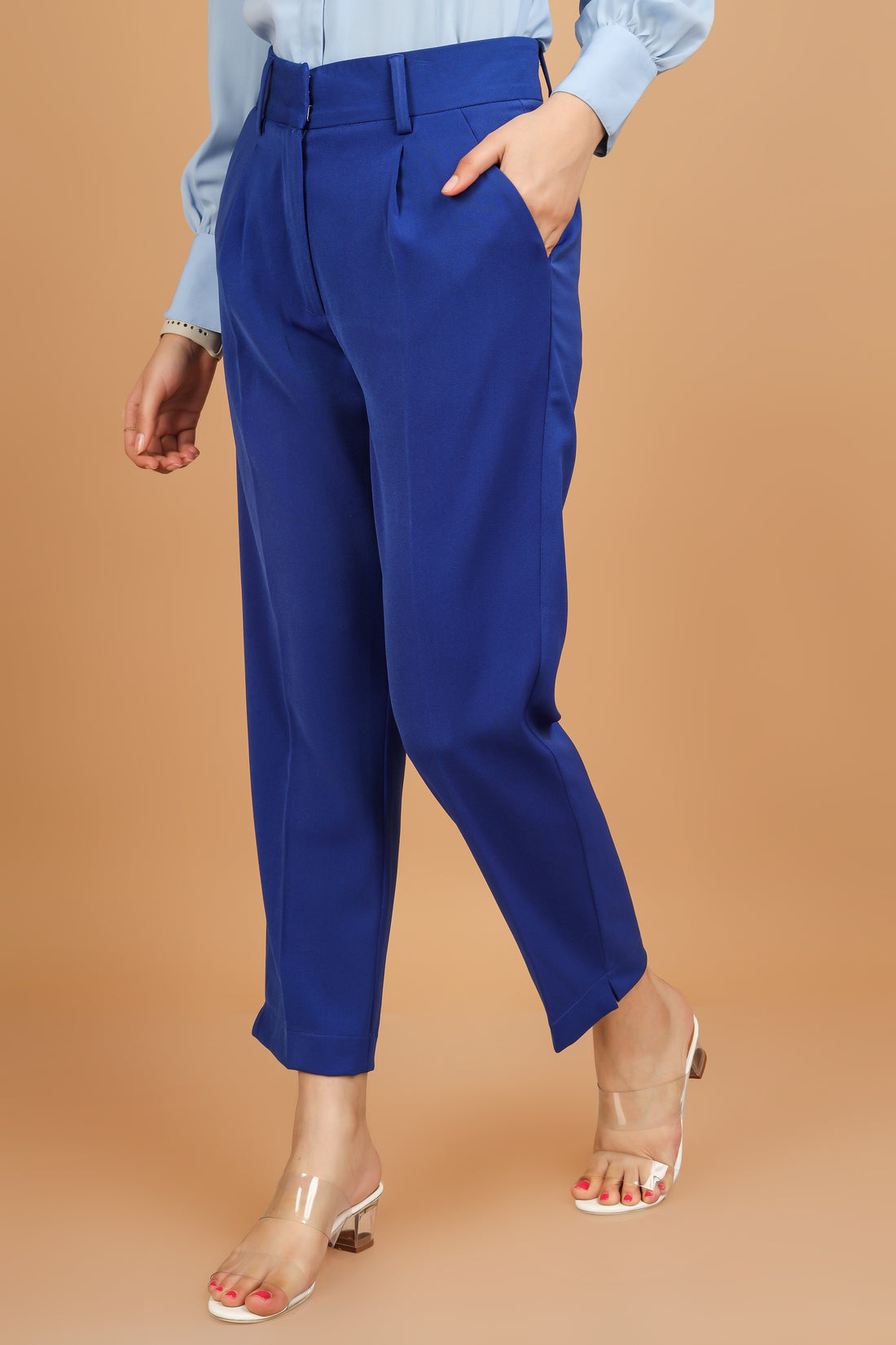 Slim Fit Ankle Length Trousers - Navy Blue