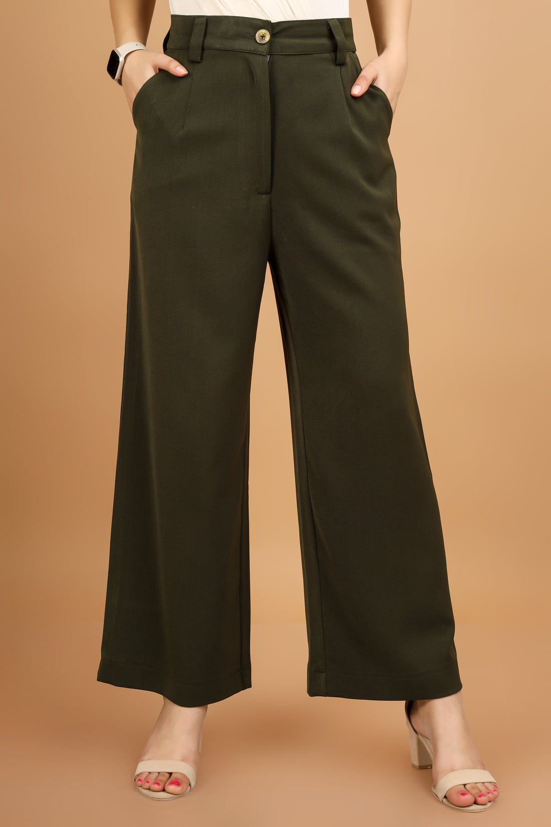 Wide Leg Stretchable Trousers - Olive