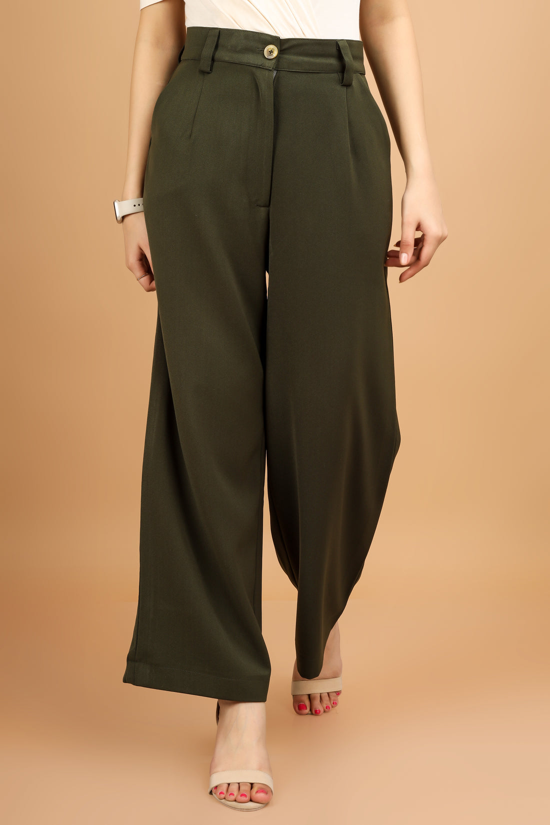 Wide Leg Stretchable Trousers - Olive