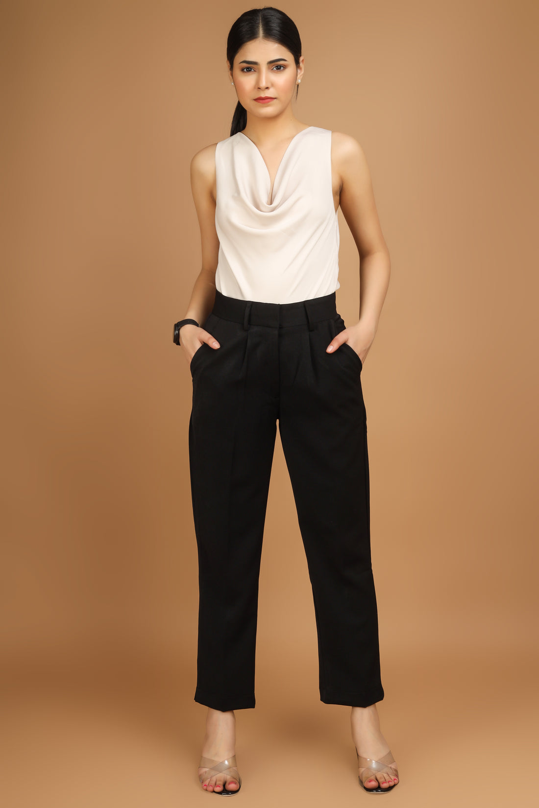 Slim Fit Ankle Length Trousers - Black